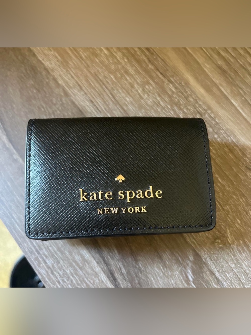 kate spade black leather trifold small snap wallet coin cardholder